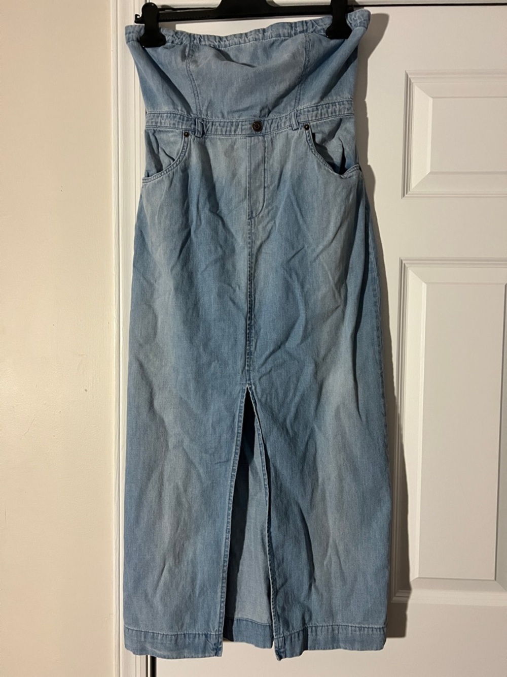 We The Free Light Blue Strapless Denim Maxi Dress